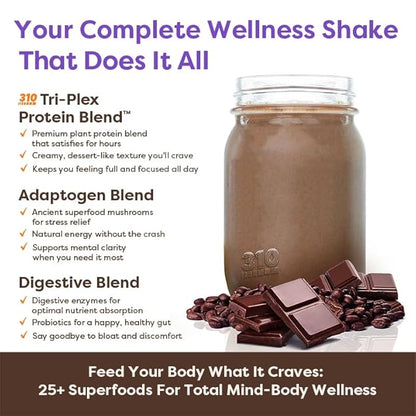 310 Nutrition All-In-One Meal Replacement Shake - Fiber-Rich Superfood Blend with Natural Sweeteners - Low Carb, Keto & Paleo Friendly, Gluten-Free, 26 Essential Vitamins & Minerals, Mocha, 28 Servings