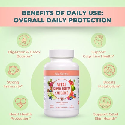 Vital Super Fruits & Veggies - Daily Superfood Capsules for Adults - Fruit and Veggies Supplement to Boost Immunity & Energy - 2-in-1 Formula for Overall Wellness - Fruit and Vegetable Capsules