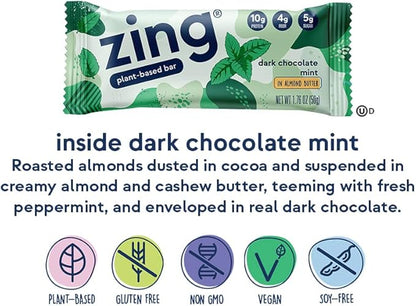 Zing Dark Chocolate Mint Vegan Protein Bars, Gluten Free with High Protein, High Fiber, Dairy Free Nutrition Bars, Plant Based Protein, Kosher, Low Sugar, No Sugar Alcohols - 12 count
