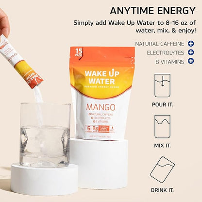 Energy + Hydration Sugar Free 15 Packs, Mango Flavor - Energy Drink Powder, Electrolytes Powder Drink, Natural Caffeine Mix Packet, B Vitamins, 5 Calories, Gluten Free - .10 oz (2.9g)
