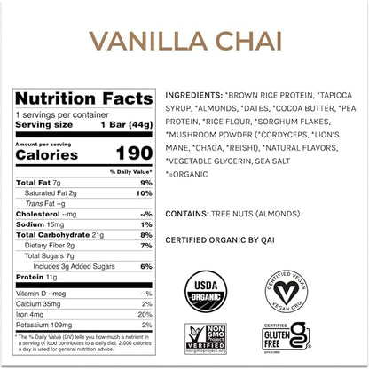 Organic Functional Mushroom Vegan Protein Bars | Made in USA | Full Dose (1500mg) Lions Mane, Chaga, Reishi & Cordyceps Bars | Plant Protein Bars w/Adaptogens & Superfoods | Vanilla Chai Flavor
