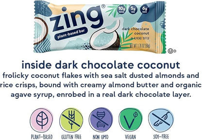 Zing Dark Chocolate Coconut Vegan Protein Bars, Gluten Free with High Protein, High Fiber, Dairy Free Nutrition Bars, Plant Based Protein, Kosher, Low Sugar, No Sugar Alcohols - 12 count