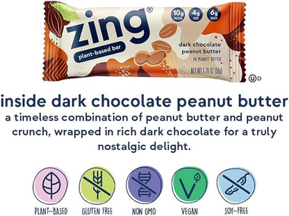 Zing Dark Chocolate Peanut Butter Vegan Protein Bars, Gluten Free with High Protein, High Fiber, Dairy Free Nutrition Bars, Plant Based Protein, Kosher, Low Sugar, No Sugar Alcohols - 12 count