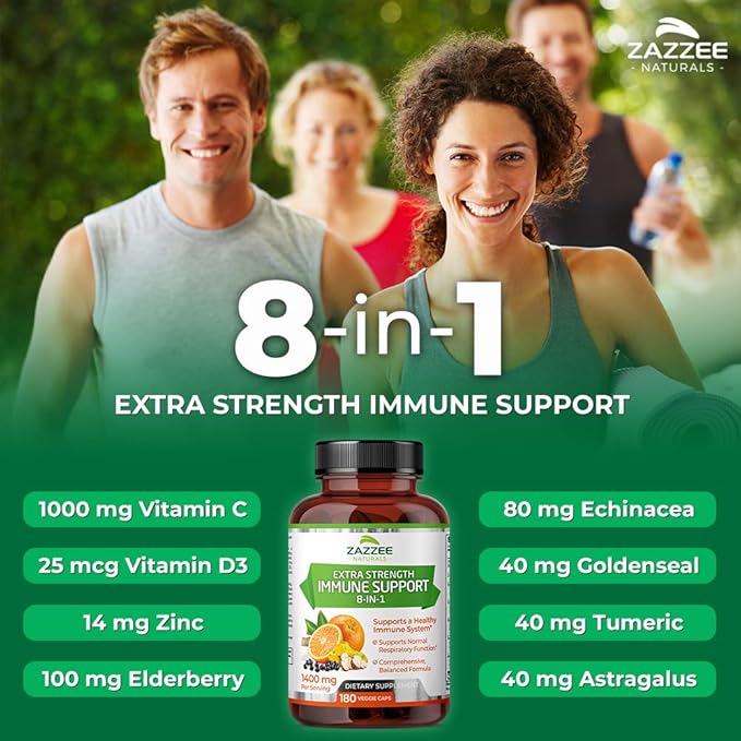 Zazzee Extra Strength 8-in-1 Immune Support, 1400 mg 180 Vegan 1000 mg 1000 IU D3, Zinc,