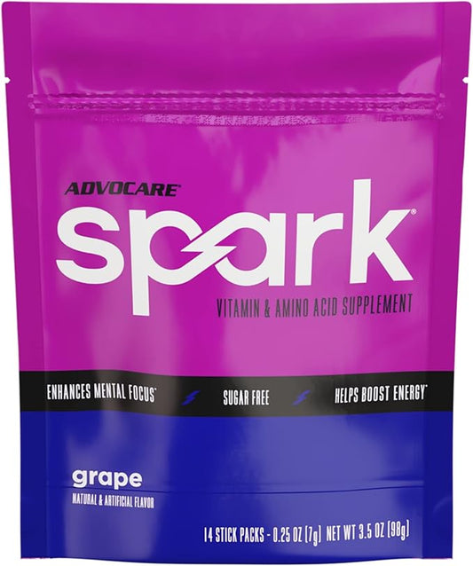 AdvoCare Spark Vitamin & Amino Acid Supplement - Focus & Energy Drink Powder Mix with Vitamin A, B-6, C & E - Also Includes L-Carnitine & L-Tyrosine - Grape, 14 Stick Packs