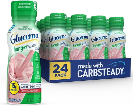Glucerna Hunger Smart Shake, Diabetic Drink to Support Blood Sugar Management, 15g Protein, 180 Calories, Classic Strawberry, 10-fl-oz Bottle, 24 Count