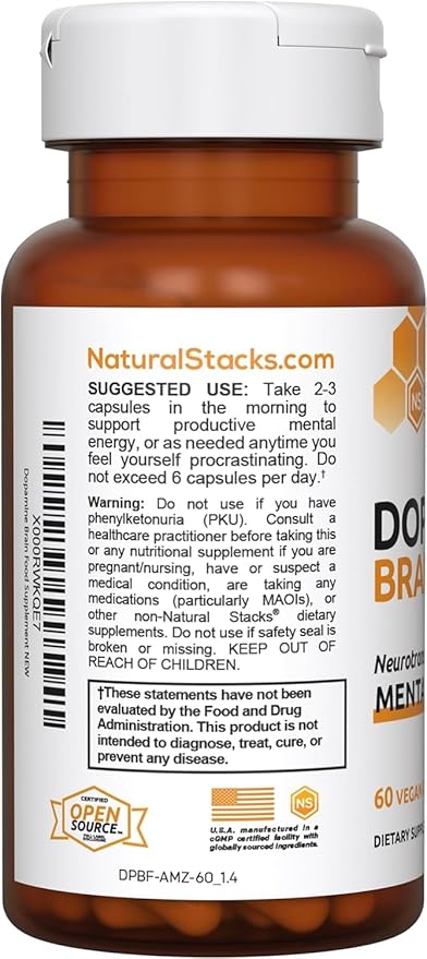 NATURAL STACKS Dopamine Brain Food - 650mg L-Tyrosine Supplement - Dopamine Supplement for Focus & Mental Drive - Supports Mental Energy - Neurotransmitter Support with B Vitamins - 60 Capsules