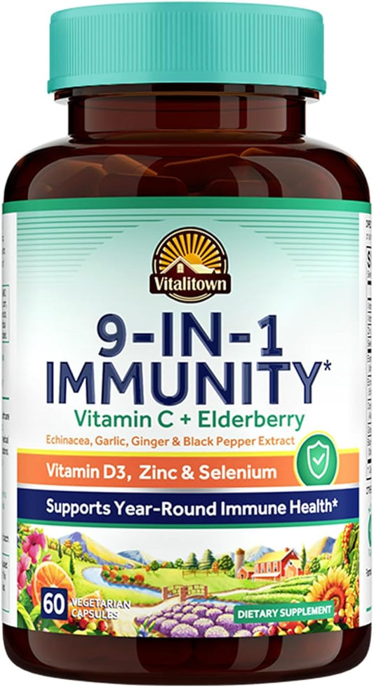 VITALITOWN Immune Support Supplement, with Elderberry, D3 6000IU, 6000IU, Selenium, 9-in-1 Immunity, 60 Caps
