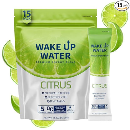 Wake Up Water - Energy + Hydration Sugar Free 15 Packs, Citrus Flavor - Energy Drink Powder, Electrolytes Powder Drink, Natural Caffeine Mix Packet, B Vitamins, 5 Calories, Gluten Free - .10 oz (2.9g)