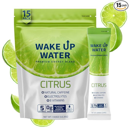 Wake Up Water - Energy + Hydration Sugar Free 15 Packs, Citrus Flavor - Energy Drink Powder, Electrolytes Powder Drink, Natural Caffeine Mix Packet, B Vitamins, 5 Calories, Gluten Free - .10 oz (2.9g)