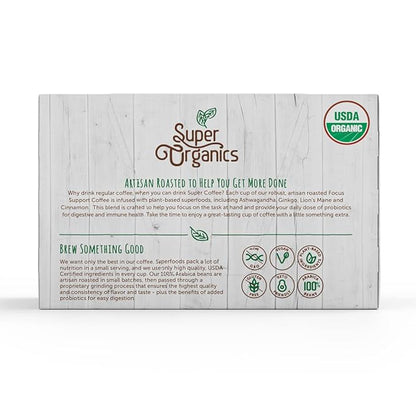 Super Organics Focus Support Coffee Brew Cups With Superfoods & Probiotics, Adaptogens, Medium Roast, USDA Certified, Vegan, Non-GMO, 10 count