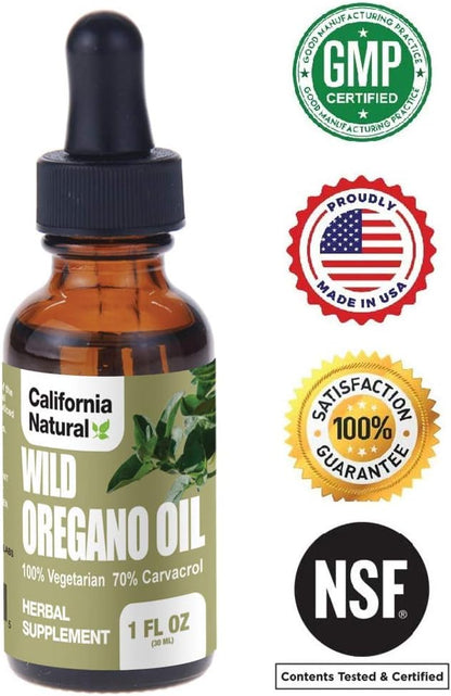 Wild Oregano Oil 1oz Bottle - California Natural - Immune System & Digestive Support - Promote Gut Health & Healthy Digestion - 100% Vegetarian - 70% Carvacrol - Herbal Supplement - 1oz
