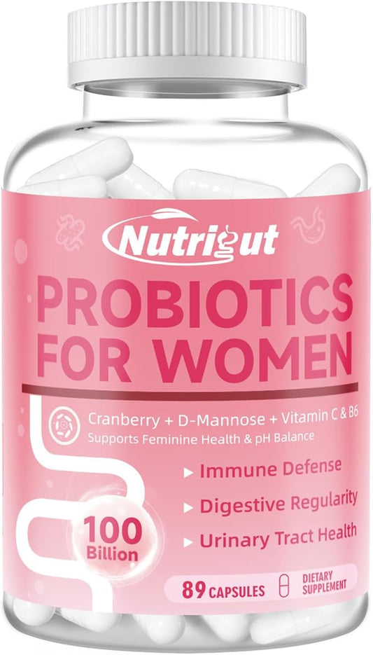 Probiotics for Women 100 Billion CFUs Probiotic and Prebiotics with Digestive Enzymes for Gut Health, Vaginal Probiotics with Cranberry and D-Mannose for Urinary Tract Health, pH Balance, 89 Capsules