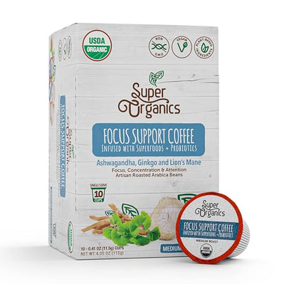 Super Organics Focus Support Coffee Brew Cups With Superfoods & Probiotics, Adaptogens, Medium Roast, USDA Certified, Vegan, Non-GMO, 10 count