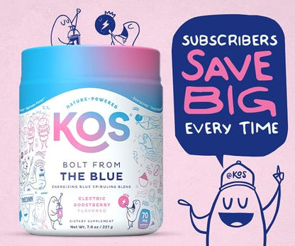 KOS Energizing Blue Spirulina Blend - USDA Certified Organic - B Vitamins, Ashwagandha, Ginseng, Adaptogens, Biotin - Vegan Pre Workout Powder - Caffeinated, Berry Flavored, 28 Servings