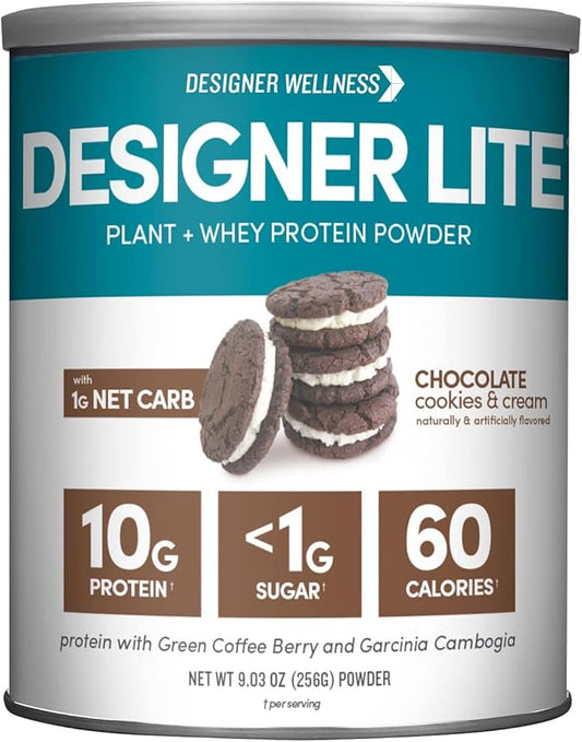 Designer Wellness, Designer Lite, Low Calorie Natural Protein, Prebiotic Fiber, Key Vitamins & Minerals,Chocolate Cookies & Cream, 9.03 Ounces