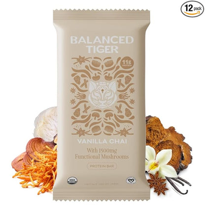 Organic Functional Mushroom Vegan Protein Bars | Made in USA | Full Dose (1500mg) Lions Mane, Chaga, Reishi & Cordyceps Bars | Plant Protein Bars w/Adaptogens & Superfoods | Vanilla Chai Flavor