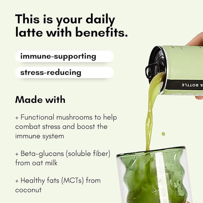 Pop & Bottle, Vanilla and Matcha Oat Milk Lattes - Reishi and Maitake Mushrooms, Green Tea, Cold Brew, Marine Collagen, MCT Oil, Organic, Dairy & Gluten Free, Vegan - 8 Fl Oz, (Pack of 12), 6 Each
