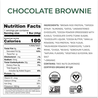Organic Functional Mushroom Vegan Protein Bars | Made in USA | Full Dose (1500mg) Lions Mane, Chaga, Reishi & Cordyceps Bars | Plant Protein Bars w/Adaptogens & Superfoods | Chocolate Brownie Flavor