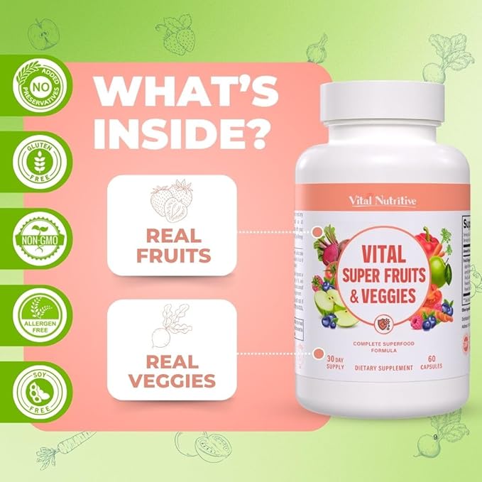 Vital Super Fruits & Veggies - Daily Superfood Capsules for Adults - Fruit and Veggies Supplement to Boost Immunity & Energy - 2-in-1 Formula for Overall Wellness - Fruit and Vegetable Capsules