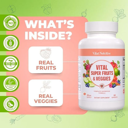 Vital Super Fruits & Veggies - Daily Superfood Capsules for Adults - Fruit and Veggies Supplement to Boost Immunity & Energy - 2-in-1 Formula for Overall Wellness - Fruit and Vegetable Capsules