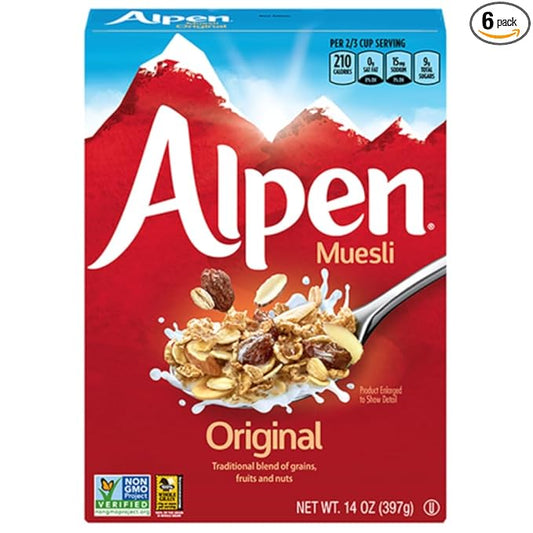 Alpen Original Muesli, Swiss Style Muesli Cereal, Whole Grain, Non-GMO Project Verified, Heart Healthy, Kosher, Vegan, 14 Oz Box (Pack of 6)