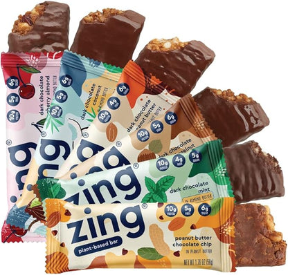 Zing Vegan Protein Bars Variety Pack - Top 6 Flavors, Gluten Free Nutrition Bars, High Protein & Fiber, Soy Free, Dairy Free Plant Based Protein, Kosher, Low Sugar, No Sugar Alcohols - 12 count