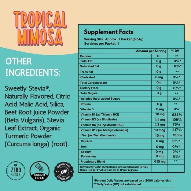 After Alcohol Aid Wellness Vitamins I Restore Better Mornings I Dihydromyricetin DHM & B Vitamins Complex I Antioxidants Supplement and Liver Support I 5 Powder Stick Drink Packets I Tropical Mimosa