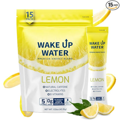 Wake Up Water - Energy + Hydration Sugar Free 15 Packet, Lemon Flavor - Energy Drink Powder, Electrolytes Powder Drink, Natural Caffeine Mix Packet, B Vitamins, 5 Calories, Gluten Free - .10 oz (2.9g)
