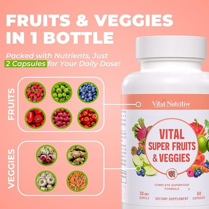 Vital Super Fruits & Veggies - Daily Superfood Capsules for Adults - Fruit and Veggies Supplement to Boost Immunity & Energy - 2-in-1 Formula for Overall Wellness - Fruit and Vegetable Capsules
