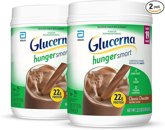 Glucerna Hunger Smart Powder, Diabetic Drink to Support Blood Sugar Management, 22g Protein, 130 Calories, Classic Chocolate, 22.3-oz Tub, 2 Count
