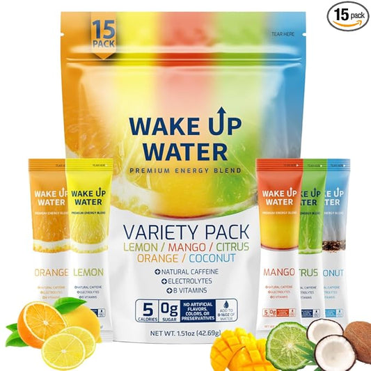 Wake Up Water - Energy + Hydration Sugar Free 15 Packet, Variety Pack - Energy Drink Powder, Electrolytes Powder Drink, Natural Caffeine Mix Packet, B Vitamins, 5 Calories, Gluten Free - .10 oz (2.9g)