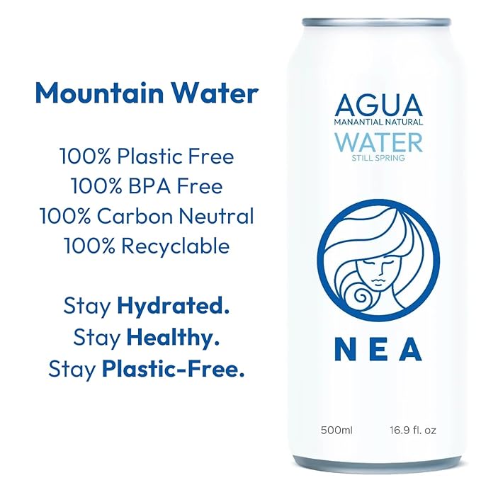 NEA Natural Spring Water - Pure Canned Water from the Austrian Alps - Refreshing Mineral Drinking Water - Naturally Filtered Mountain Spring Water in 16.9oz Can - Plastic-Free Boxed Water 12 Pack.
