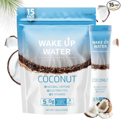 Wake Up Water - Energy + Hydration Sugar Free 15 Pack, Coconut Flavor - Energy Drink Powder, Electrolytes Powder Drink, Natural Caffeine Mix Packet, B Vitamins, 5 Calories, Gluten Free - .10 oz (2.9g)