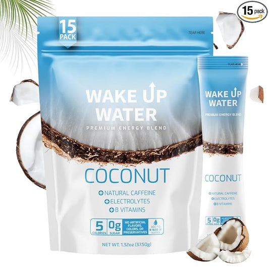 Wake Up Water - Energy + Hydration Sugar Free 15 Pack, Coconut Flavor - Energy Drink Powder, Electrolytes Powder Drink, Natural Caffeine Mix Packet, B Vitamins, 5 Calories, Gluten Free - .10 oz (2.9g)