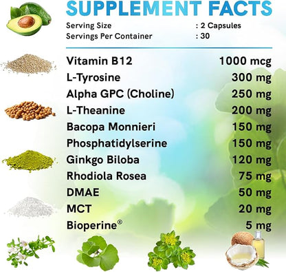 11-in-1 Nootropic Brain Supplements for Memory, Focus and Brain Support with Ginkgo Biloba, L Theanine, Bioperine, Alpha GPC, Choline - 1321mg, Stimulant Free, Vegan (60ct, Pack of 4)