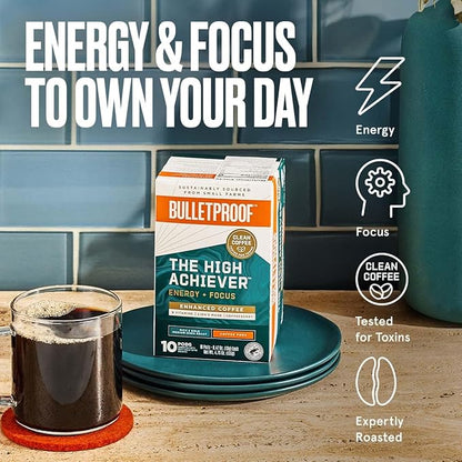 Bulletproof The High Achiever Single-Serve Pods, 10 count, Medium-Dark Roast Enhanced Coffee with Lion's Mane Mushroom, B Vitamins, and Adaptogens for Energy and Focus