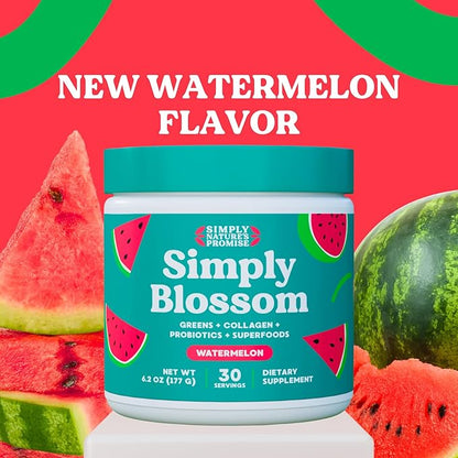 Simply Blossom Nutrition Daily Greens & Superfood Powder + Collagen + Probiotics for Women's Digestive Health & Bloating Relief. Help Your Health Bloom - 30 Day Supply - Watermelon