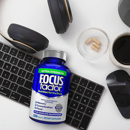 Focus Factor Adults Extra Strength, 120 Count- Brain Supplement for Memory, Concentration, Focus - DMAE, Vitamin D, DHA- Brain Health Supplement – Trusted Formula- Brain Vitamins, Focus Pills (2 pk)