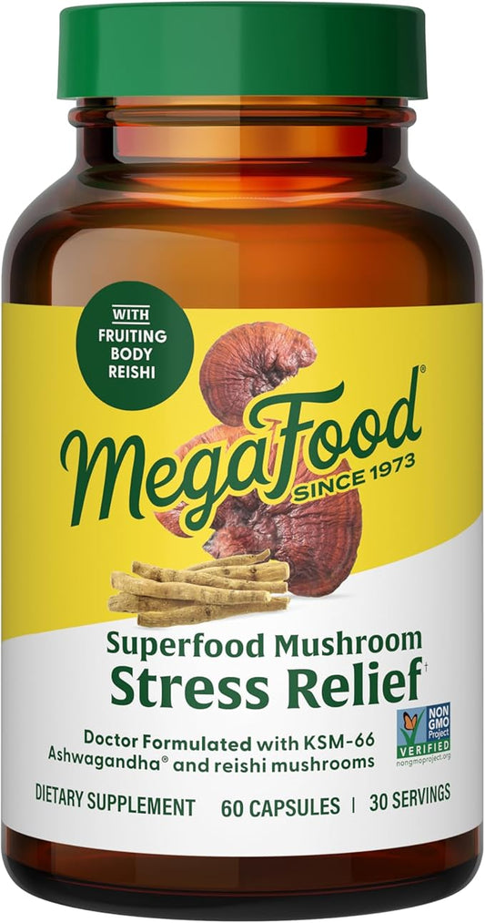MegaFood Superfood Mushroom Stress Relief KSM-66 Ashwagandha 60 Capsules, 30 Servings