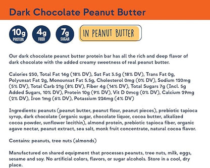 Zing Dark Chocolate Peanut Butter Vegan Protein Bars, Gluten Free with High Protein, High Fiber, Dairy Free Nutrition Bars, Plant Based Protein, Kosher, Low Sugar, No Sugar Alcohols - 12 count