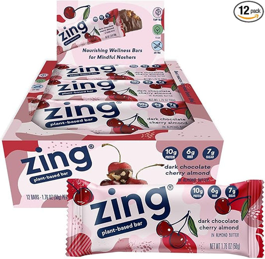 Zing Dark Chocolate Cherry Vegan Protein Bars, Gluten Free with High Protein, High Fiber, Dairy Free Nutrition Bars, Plant Based Protein, Kosher, Low Sugar, No Sugar Alcohols - 12 count