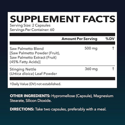 Saw Palmetto with Stinging Nettle Capsules - 2X Prostate Support Supplement for Men’s Health - 120 Count - DHT Blocker for Urinary Tract Function and Hair - Vegan, Non-GMO - 2 Month Supply