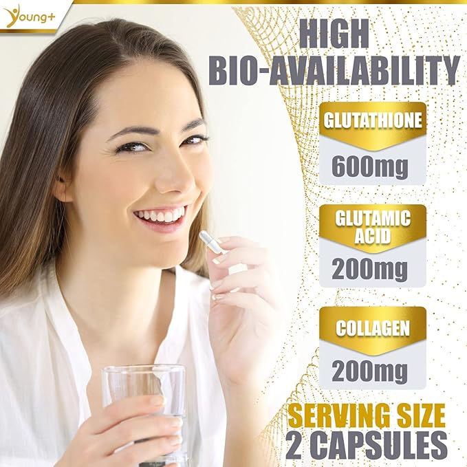 Young+ Glutathione, Glutamic Acid and Collagen. 1000mg, 60 60 Capsules