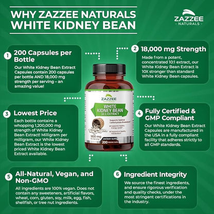 Zazzee White Kidney Bean 10:1 Extract, 18,000 mg 200 Vegan 2 Month 10X Extract, 100% Vegetarian,
