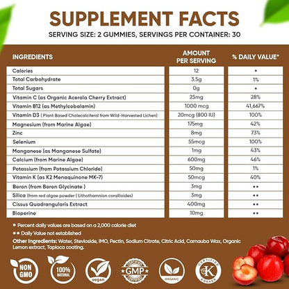 Vegan Calcium Gummies K2 Vitamin Supplement MK-7 & D3, Magnesium 13 Trace B12 - 60 ct.