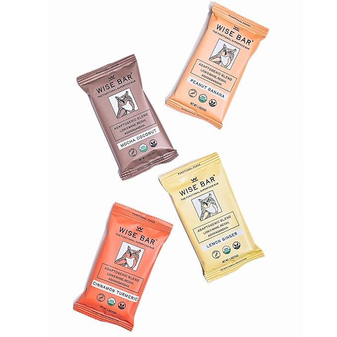Wise Bar Adaptogen Mushroom Nutrition Bars with Reishi, Lions Mane & Ashwagandha, Organic Vegan & Gluten Free Snacks for Natural Focus, Energy & Immunity Support, Variety Flavor Pack, 12 Count