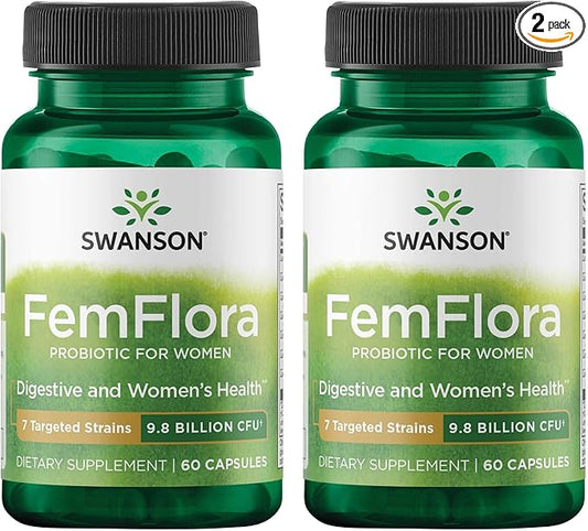 Swanson FemFlora - Feminine Probiotic Supplement - Probiotics for Women - Supporting Flora of The Mouth, GI Tract, and Vagina - 9 Billion CFU Per Capsule - (60 Capsules) (2 Pack)
