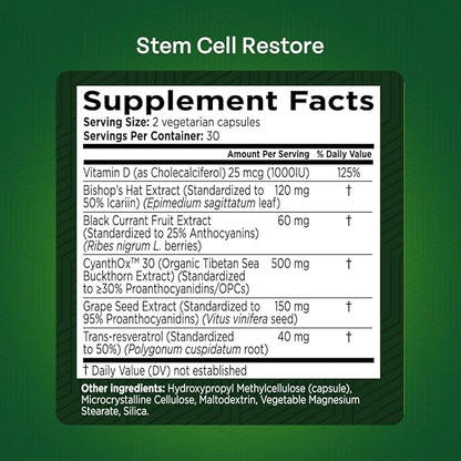 Stem Cell Restore - Stem Cell Supplement - Regenerative Healing - Healthy Aging - Brain and Cognitive Support - Cartilage, Heart & Kidney Repair - Organic Tibetan Sea Buckthorn (1 Bottle, 60 Count)