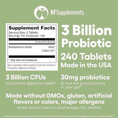 Bifidobacterium Infantis Probiotic Supplement 240 Tablets 3 Billion CFU Probiotics for Men & Women Supports Intestinal Digestive & Gut Health Made in The USA (240, Bifidobacterium Infantis)
